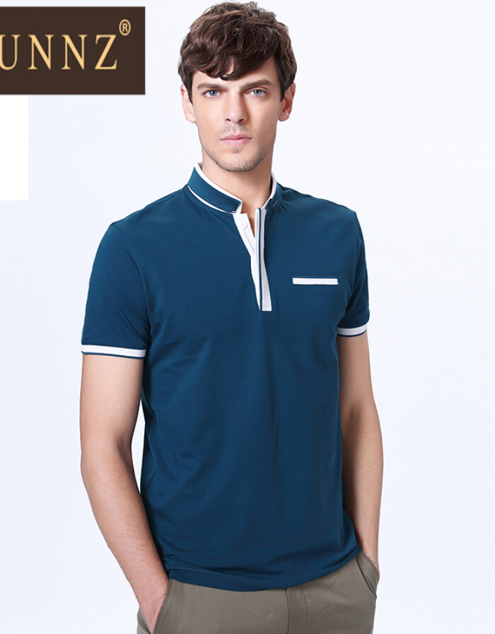 HUNNZ 2016年時尚專柜產(chǎn)品夏裝立領(lǐng)T恤男短袖商務(wù)休閑青年天絲棉純色體恤修身版 深藍(lán)色 170